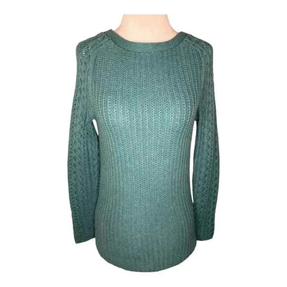 Loft Women's XS Cable Knit Pullover Sweater‎ Blue Green Long Sleeve Crew Neck - Picture 1 of 8